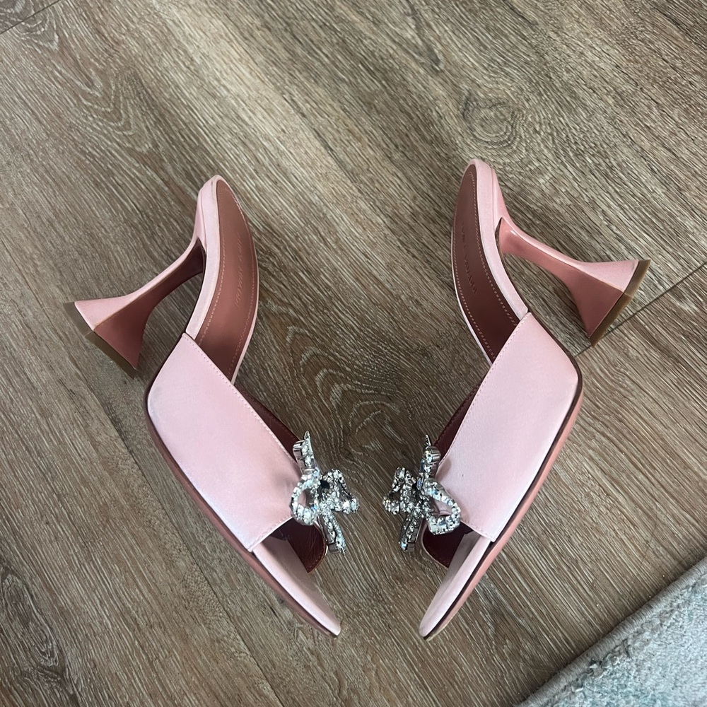 Amina Muaddi Pink Satin Crystal Bow Mules - Picture 8 of 11